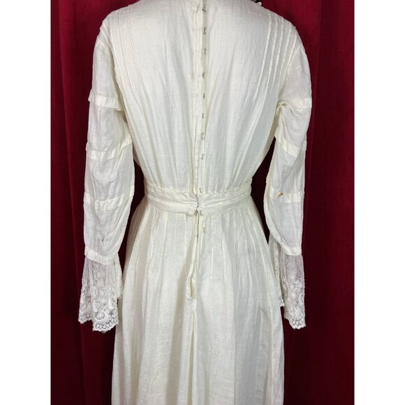 Tall C 1908 Fancy Lace Linen Dress Summer Edwardian Bell Sleeve - Picture 5 of 12